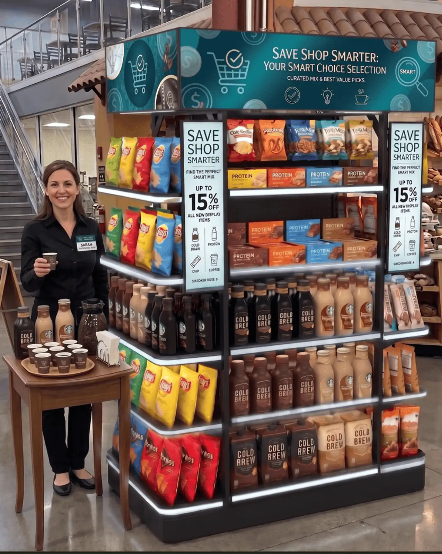 Sampling associate beside a lit Spotlight end cap stocked with snacks, protein bars, and cold brew in a Chicago grocery store
